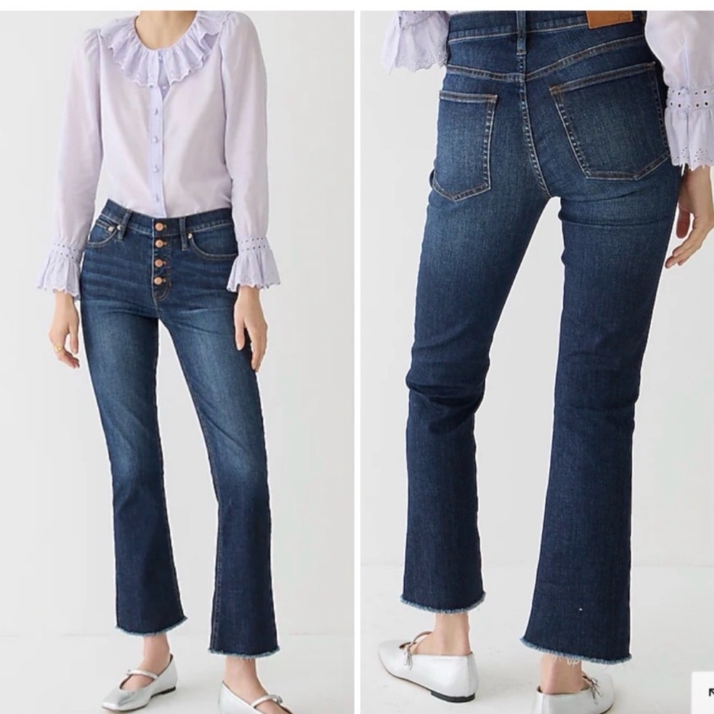 J Crew 9" Billie Demi-boot Crop Jean Dark Worn Wash Exposed Button Fly Fray Hem